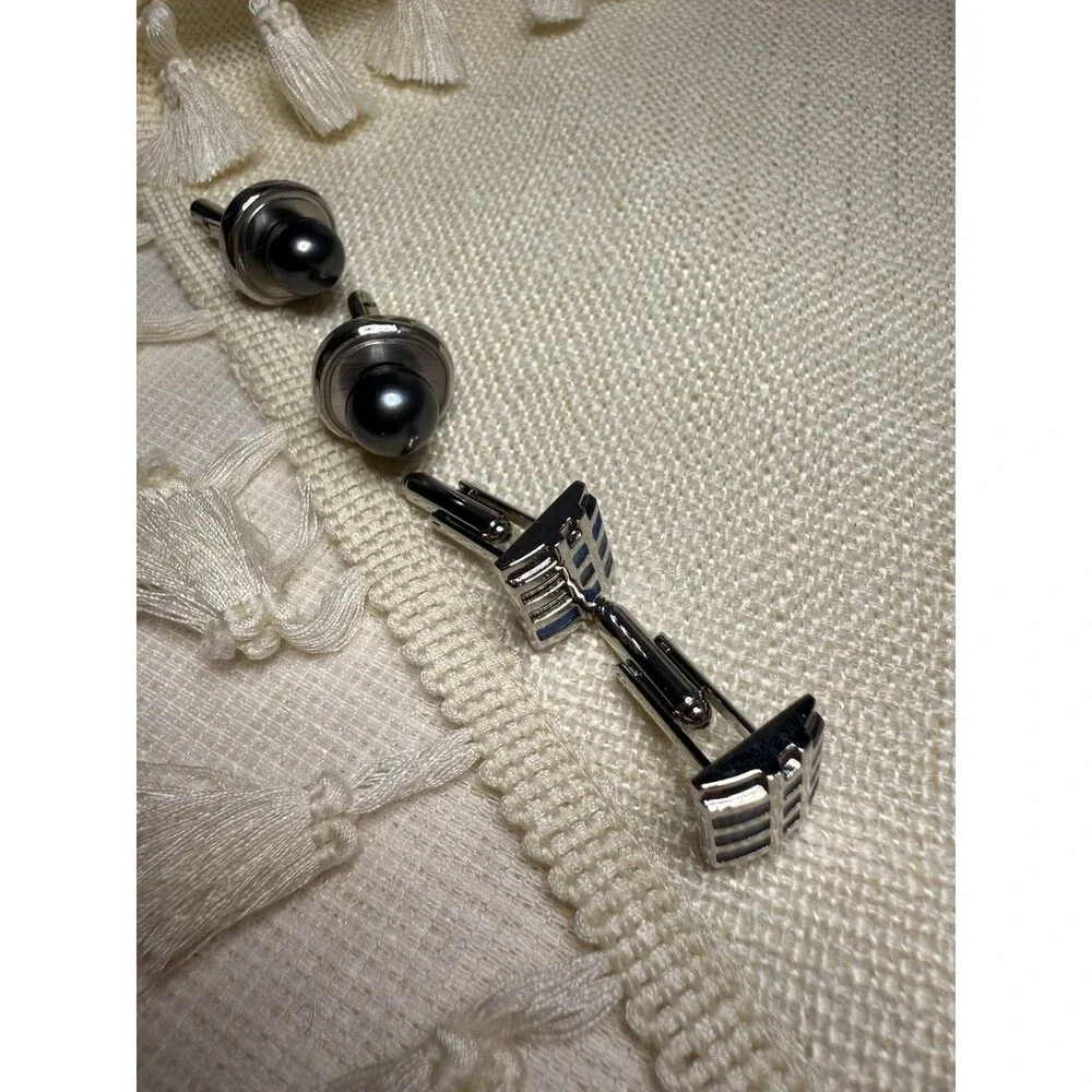 2-Piece Cufflink Set – Black Faux‎ Pearl & Blue Grid Design – Gift Box Ready